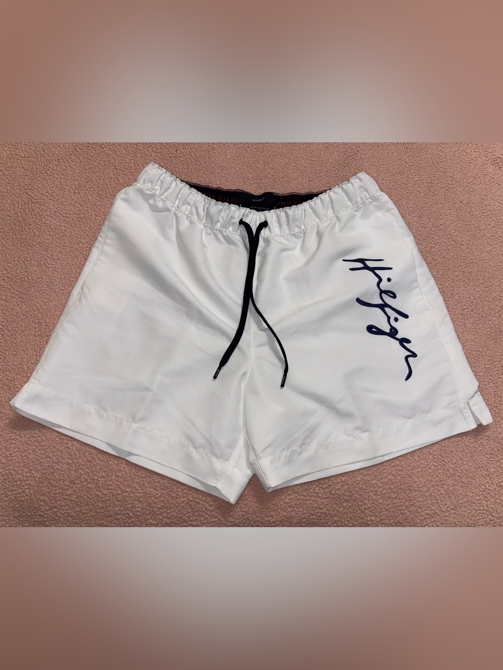Tommy Hilfiger White Athletic Shorts with Black Drawstring and Navy Script